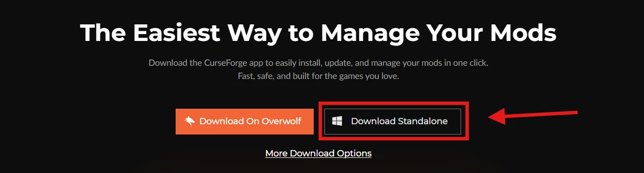 A página de download do CurseForge, com o botão Download Standalone destacado.