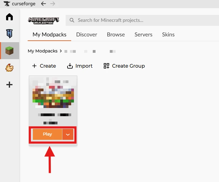O modpack na aba My Modpacks do CurseForge, com o botão Play destacado.
