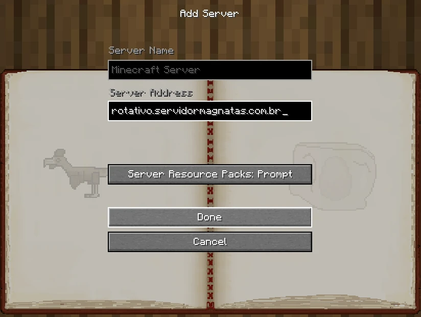 A tela Adicionar servidor do Minecraft, com o endereço já preenchido e o botão Concluído destacado.
