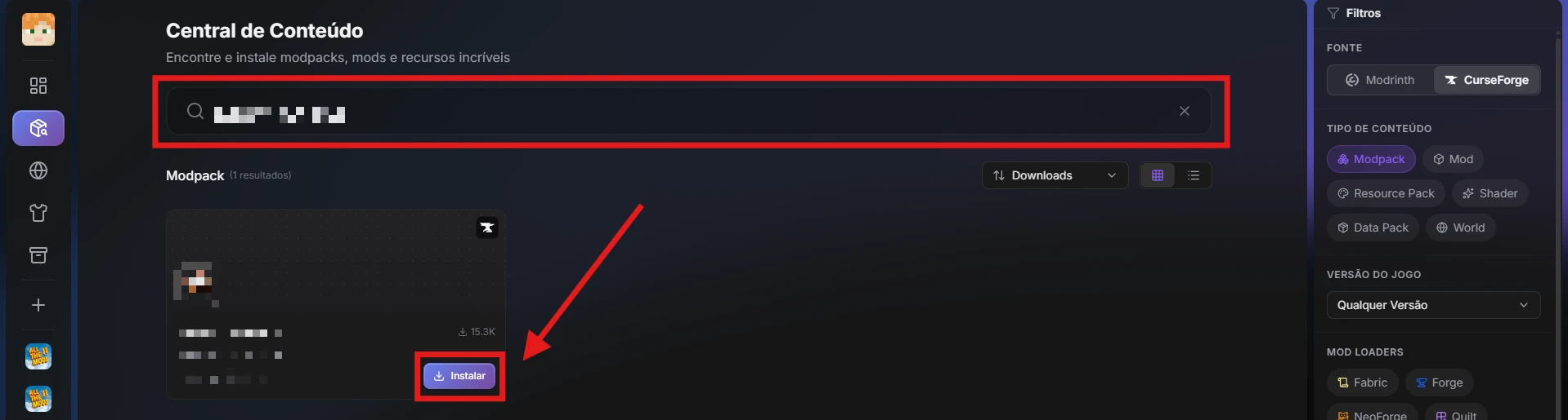 A busca pelo modpack e o botão Instalar destacados.