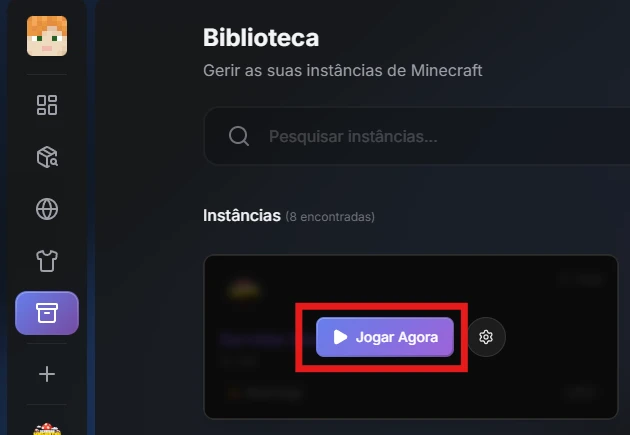 A Biblioteca do SKLauncher, com o botão Jogar Agora do modpack destacado.